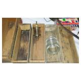 Vintage Collection Cheese Boxes, Camping, Brass Oiler, Ice Tongs.