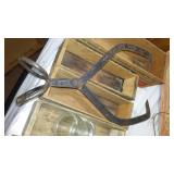 Vintage Collection Cheese Boxes, Camping, Brass Oiler, Ice Tongs.