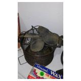 Vintage Collection Cheese Boxes, Camping, Brass Oiler, Ice Tongs.