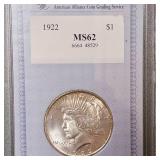 1922 Peace Dollar AACGS MS62 w/Nice Edge Toning
