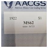 1922 Peace Dollar AACGS MS62 w/Dark Rim Toning