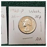 1961 D, 1962 D, 1963 P, Washington 25c Silver