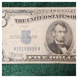 1934 A $5 Silver Certificate N AFR WWII