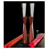 Two Sets of Candle Holders in Wood and Silver including Four Tapper Candles
