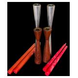 Two Sets of Candle Holders in Wood and Silver including Four Tapper Candles