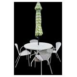 Room & Board White Metal Patio Set with 4 Chairs, Table, and Green Striped Umbrella