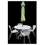 Room & Board White Metal Patio Set with 4 Chairs, Table, and Green Striped Umbrella