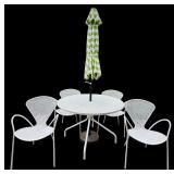 Room & Board White Metal Patio Set with 4 Chairs, Table, and Green Striped Umbrella