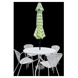 Room & Board White Metal Patio Set with 4 Chairs, Table, and Green Striped Umbrella