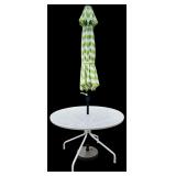 Room & Board White Metal Patio Set with 4 Chairs, Table, and Green Striped Umbrella