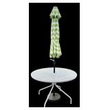 Room & Board White Metal Patio Set with 4 Chairs, Table, and Green Striped Umbrella