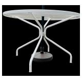 Room & Board White Metal Patio Set with 4 Chairs, Table, and Green Striped Umbrella