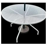 Room & Board White Metal Patio Set with 4 Chairs, Table, and Green Striped Umbrella