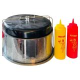 Vintage Metal Cake Carrier and Nostalgia Ketchup & Mustard Dispensers