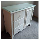 Glass Topped White Wood Commode Cabinet