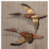 Pair of Mid Century Wood and Brass Flying Duck Wall Hangings