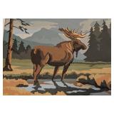 Pair of Framed Deer and Moose Paint by Numbers Paintings