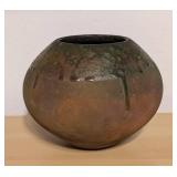 Signed Raku Pottery Bowl with Drip Glaze