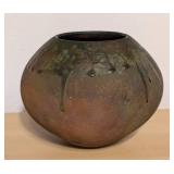 Signed Raku Pottery Bowl with Drip Glaze