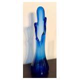 Vintage Mid Century Five Finger Blue Swung Glass Bud Vase