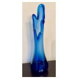Vintage Mid Century Five Finger Blue Swung Glass Bud Vase