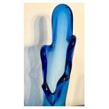 Vintage Mid Century Five Finger Blue Swung Glass Bud Vase