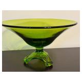 Vintage Mid Century Viking Art Glass Epic Arching Thumbprint Compote Pedestal Bowl Olive Green