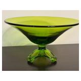 Vintage Mid Century Viking Art Glass Epic Arching Thumbprint Compote Pedestal Bowl Olive Green