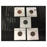 (5) Indian Head Pennies 1890 - 1906 - 1878 - 1907