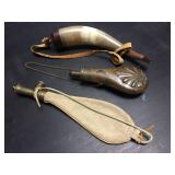 Vintage Gun Powder - Flask - Horn - Leather Pouch