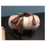 Vintage Sewing Pin Cushions & Wooden Thread Bobbins