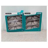 2PKS. FOSTER GRANT +2.00 FULL RIM PLASTIC READERS (3 PER PACK)