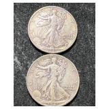 2 US WALKING LIBERTY HALF DOLLARS 1941-D 1943
