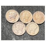 GROUP OF 5 US MERCURY DIMES