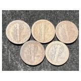 GROUP OF 5 US MERCURY DIMES