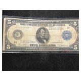 1914 US LARGE SIZE BLUE SEAL $5 FEDERAL RESERVE NOTE