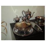 Silver tone serving dishes and pitc...