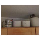 Stoneware crocks and sifter...
