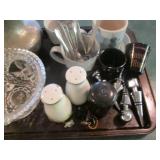 Cut glass candy dish, wine toppers,...