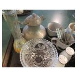Cut glass candy dish, wine toppers,...
