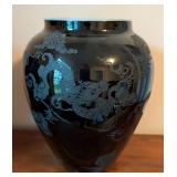 Pair of Sinclair Etched Czech Glass Dragons and Clouds Vases