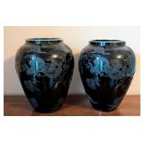 Pair of Sinclair Etched Czech Glass Dragons and Clouds Vases