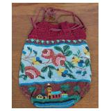 Antique Victorian Bag Glass Beaded Scenic & Floral Purse