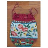 Antique Victorian Bag Glass Beaded Scenic & Floral Purse