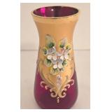 Vintage Amberina Colored Glassware and Ruby Red Vase with Gold Detailing