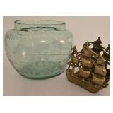 Vintage Brass Ship Bookends & Decorative Vase with Etched Ship Design