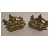 Vintage Brass Ship Bookends & Decorative Vase with Etched Ship Design