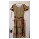 Antique Drop Waist Green and Brown Velvet Accent Dress