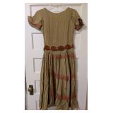 Antique Drop Waist Green and Brown Velvet Accent Dress