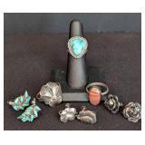 Assorted Sterling Silver Rings and Screw Back Earrings including a Vintage Sterling Silver and Turquoise Ring